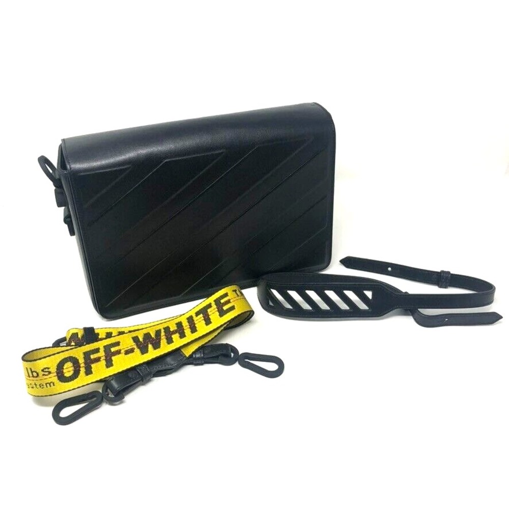 Off White Virgil Abloh Diagonal Stripe Binder Clip Bag‎ Womens Black Leather